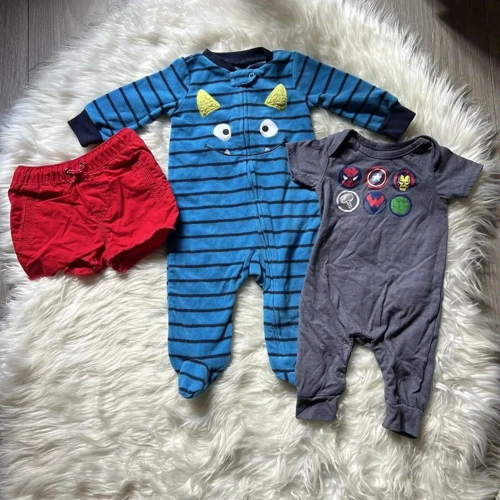 3‎ pc Carter’sFleece Pajamas|Oshkosh red shorts|Marvel romper sizes 3-6 months